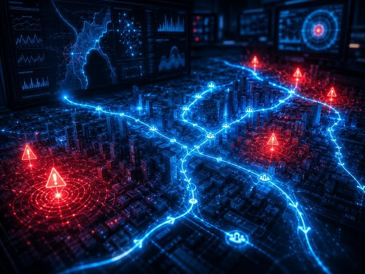 Live incident map showing alert zones and responder routes across a city grid
